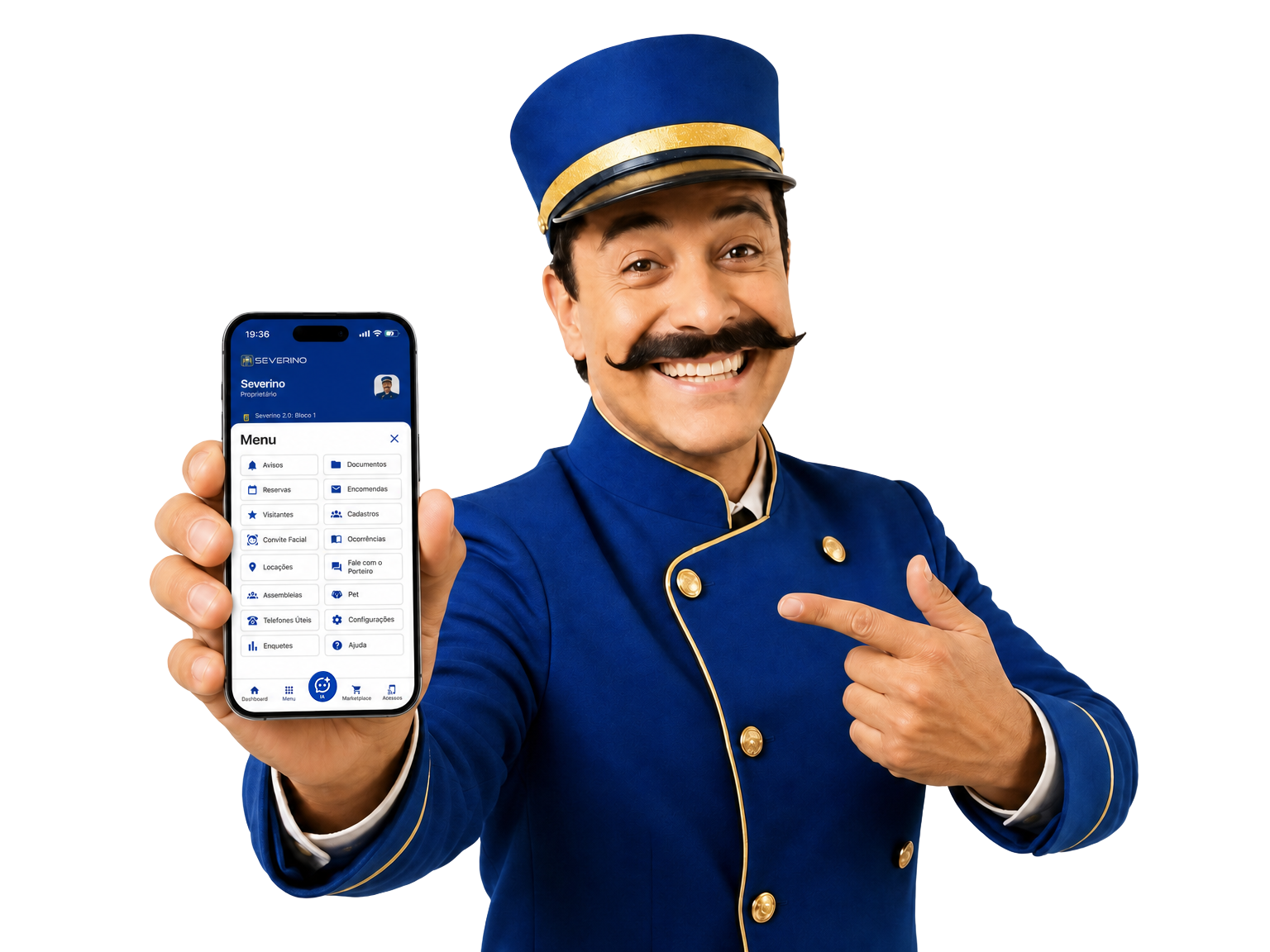 Concierge Severino sorrindo e apontando para o aplicativo aberto no celular